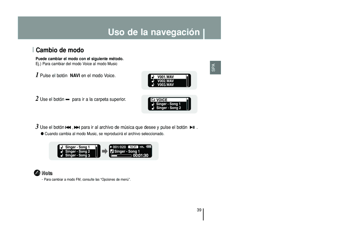 Samsung YP-T55ZW/XET, YP-T55XL/XET manual Cambio de modo 