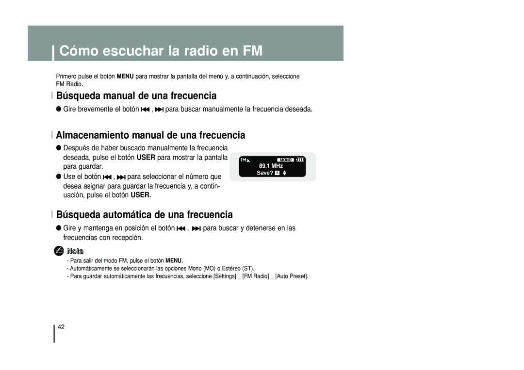 Samsung YP-T55XL/XET, YP-T55ZW/XET Cómo escuchar la radio en FM, Búsqueda manual de una frecuencia 