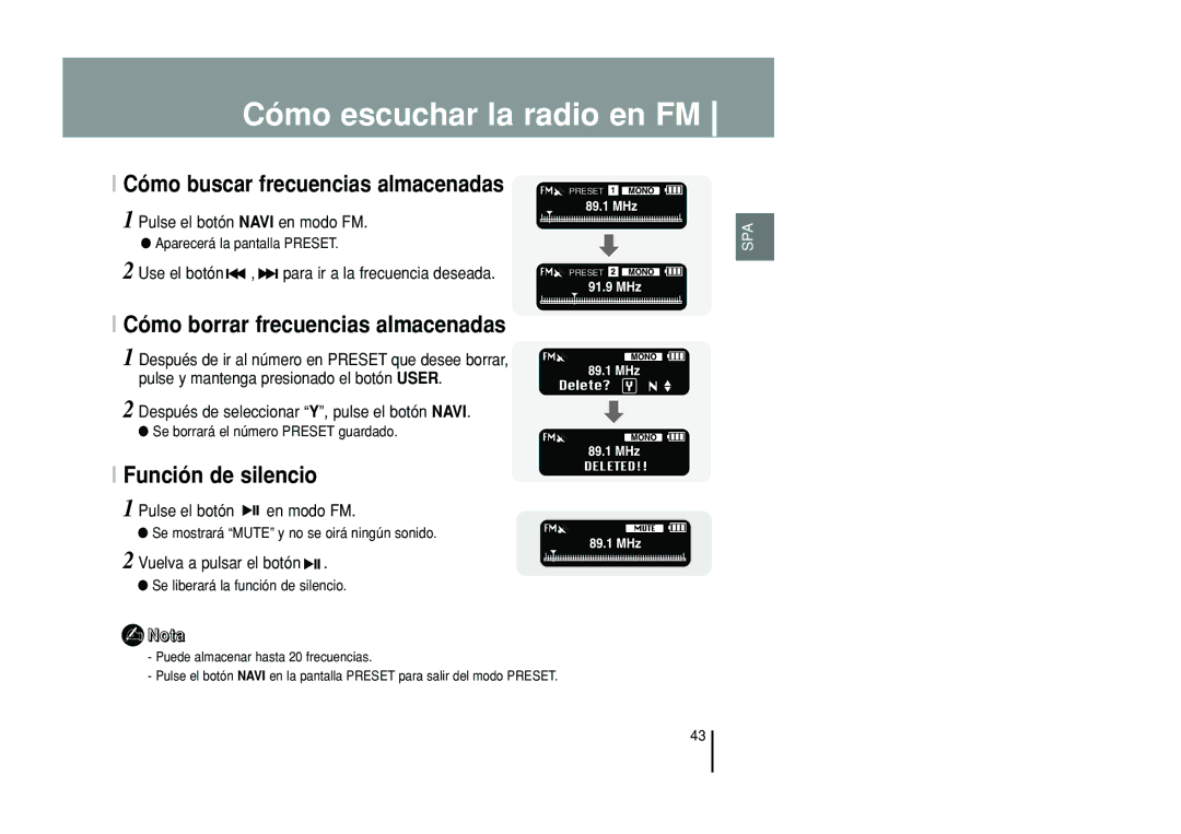 Samsung YP-T55ZW/XET, YP-T55XL/XET manual Cómo borrar frecuencias almacenadas, Función de silencio 