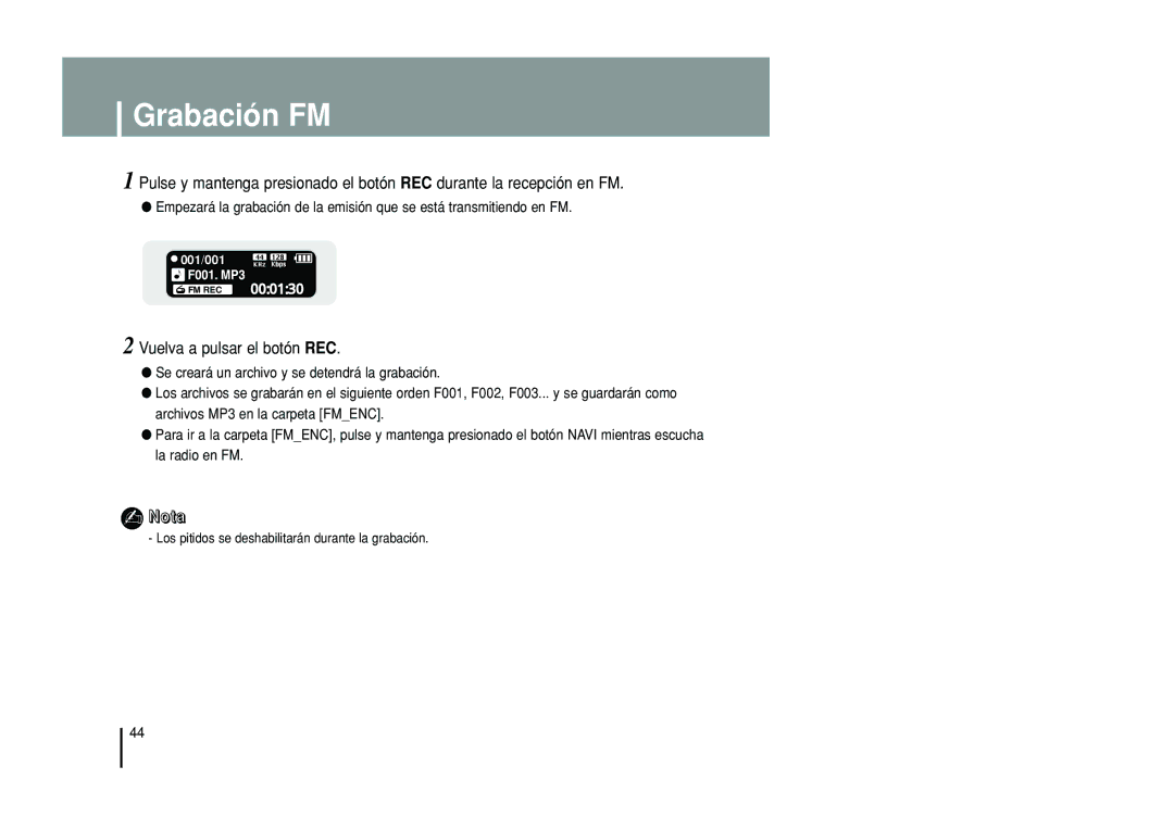 Samsung YP-T55XL/XET, YP-T55ZW/XET manual Grabación FM, Vuelva a pulsar el botón REC 