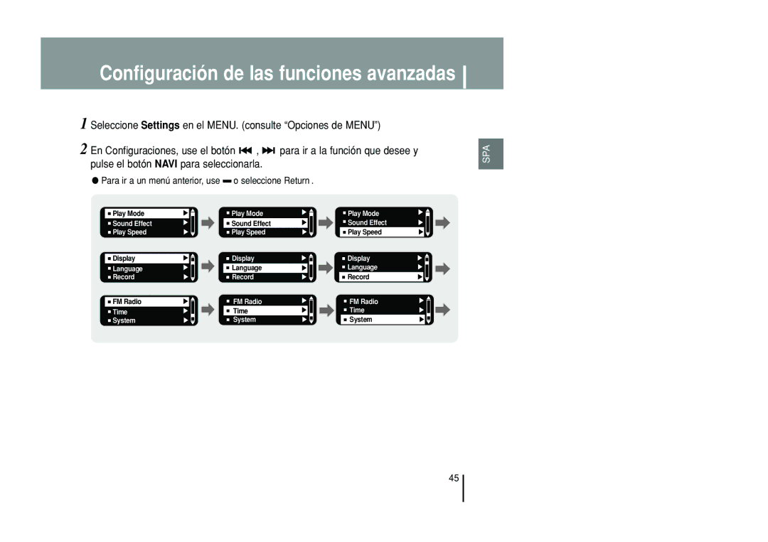 Samsung YP-T55ZW/XET, YP-T55XL/XET manual Configuración de las funciones avanzadas 