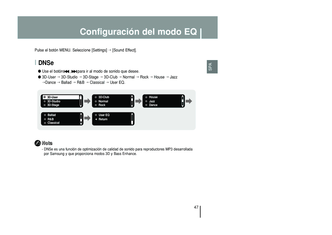 Samsung YP-T55ZW/XET, YP-T55XL/XET manual Configuración del modo EQ, DNSe 