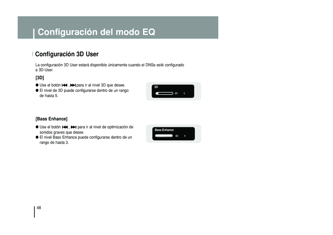 Samsung YP-T55XL/XET, YP-T55ZW/XET manual Configuración 3D User, Bass Enhance 