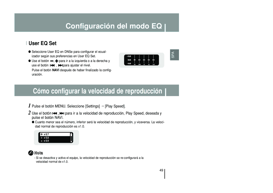 Samsung YP-T55ZW/XET, YP-T55XL/XET manual Cómo configurar la velocidad de reproducción, User EQ Set 