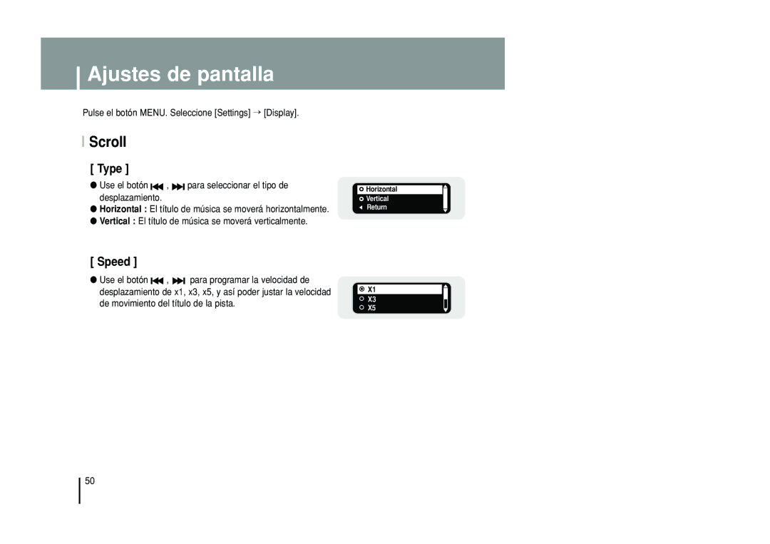 Samsung YP-T55XL/XET, YP-T55ZW/XET manual Ajustes de pantalla, Scroll 