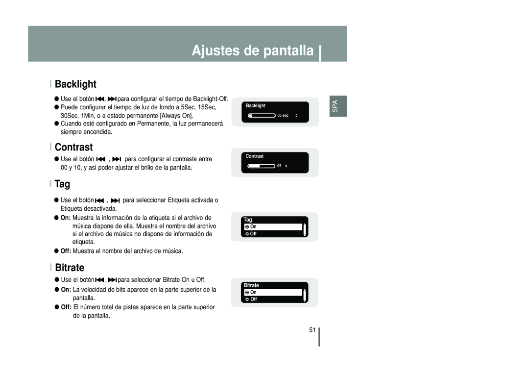 Samsung YP-T55ZW/XET, YP-T55XL/XET manual Backlight, Contrast, Tag, Bitrate 