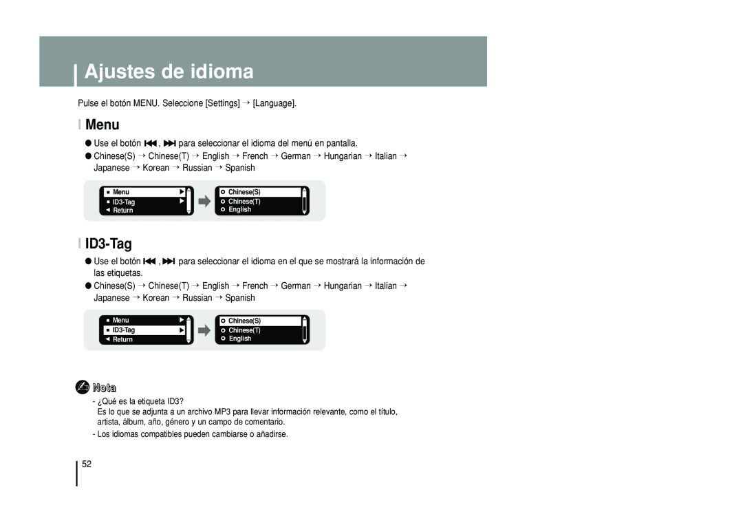 Samsung YP-T55XL/XET, YP-T55ZW/XET manual Ajustes de idioma, Menu, ID3-Tag 