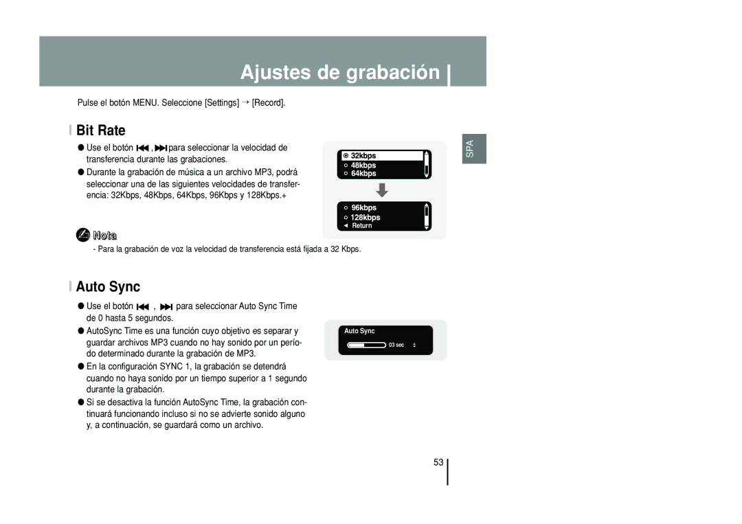 Samsung YP-T55ZW/XET, YP-T55XL/XET manual Ajustes de grabación, Bit Rate, Auto Sync 