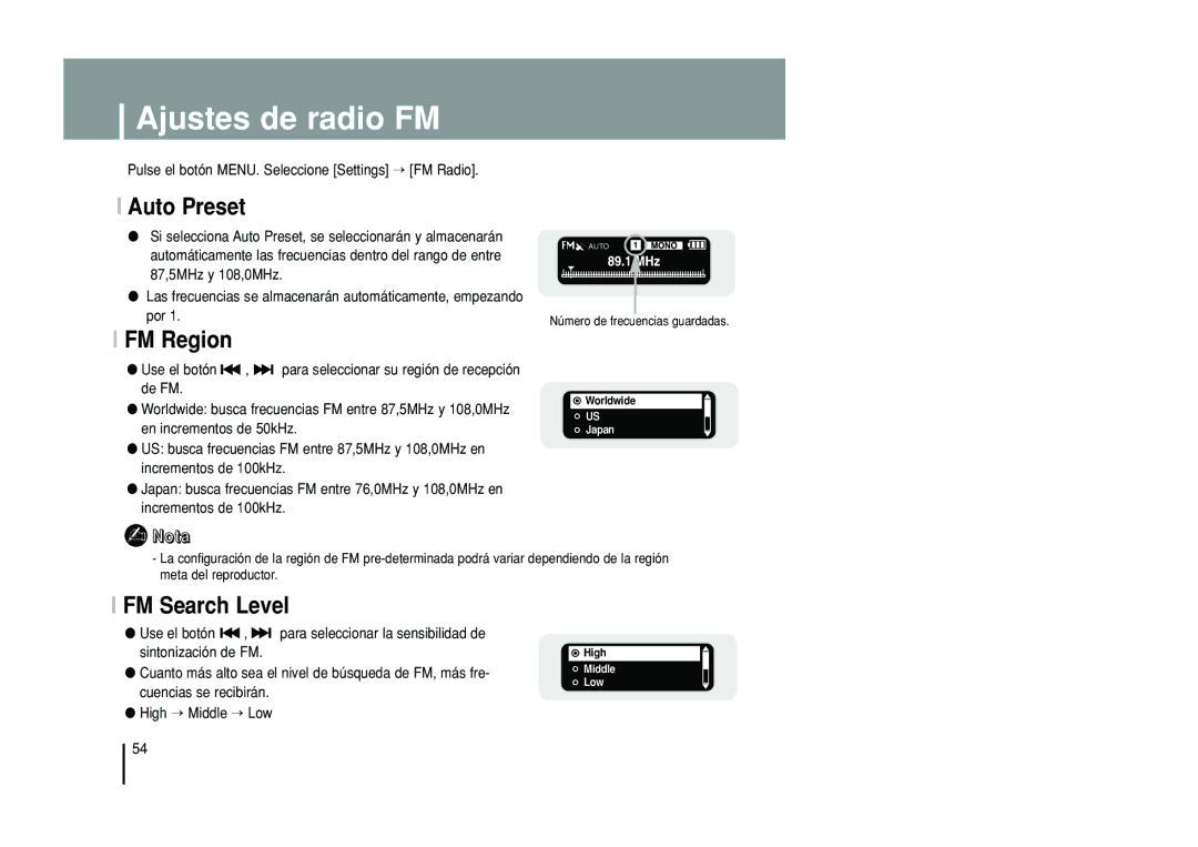 Samsung YP-T55XL/XET, YP-T55ZW/XET manual Ajustes de radio FM, Auto Preset, FM Region, FM Search Level 