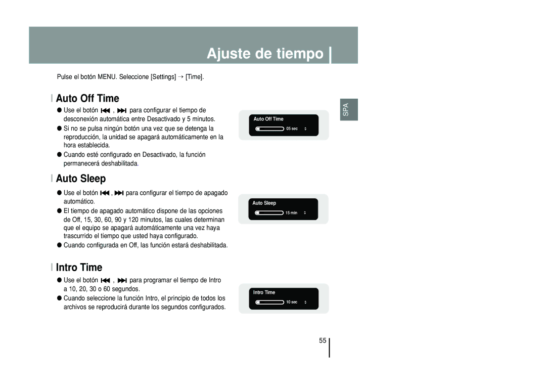Samsung YP-T55ZW/XET, YP-T55XL/XET manual Ajuste de tiempo, Auto Off Time, Auto Sleep, Intro Time 