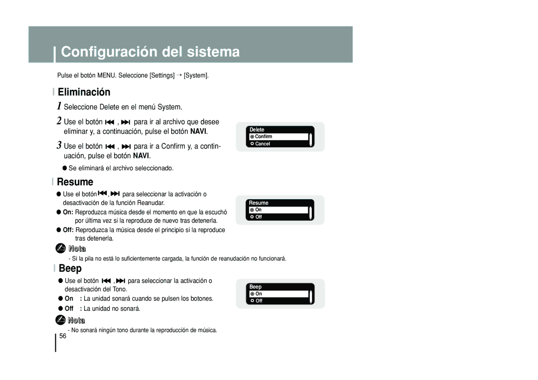 Samsung YP-T55XL/XET manual Configuración del sistema, Eliminación, Resume, Beep, Seleccione Delete en el menú System 