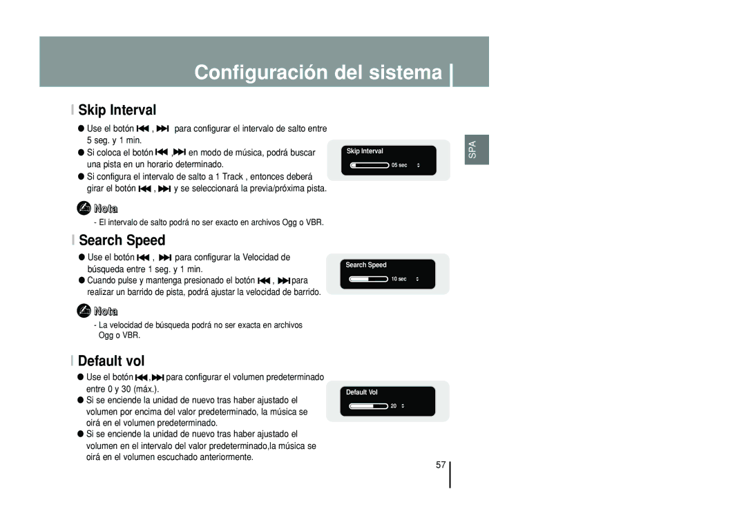 Samsung YP-T55ZW/XET, YP-T55XL/XET manual Skip Interval, Search Speed, Default vol 