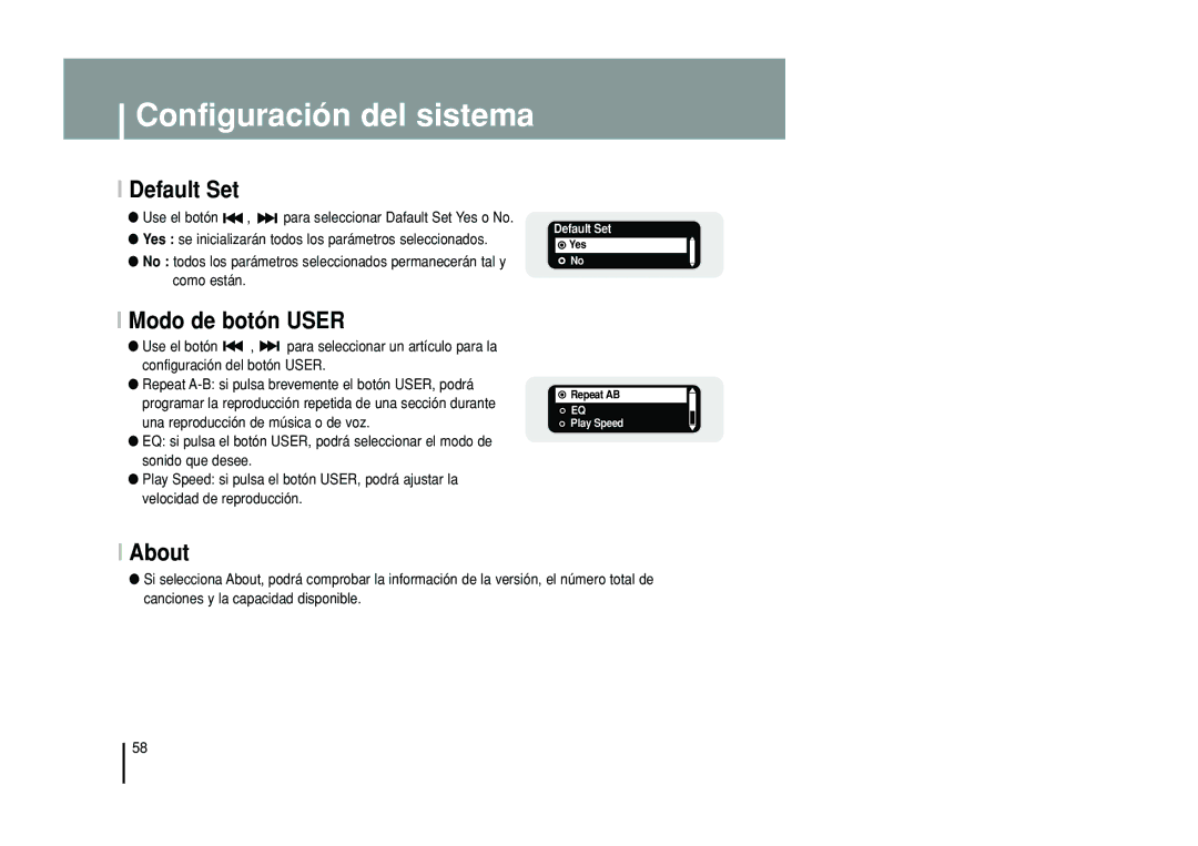 Samsung YP-T55XL/XET, YP-T55ZW/XET manual Default Set, Modo de botón User, About 