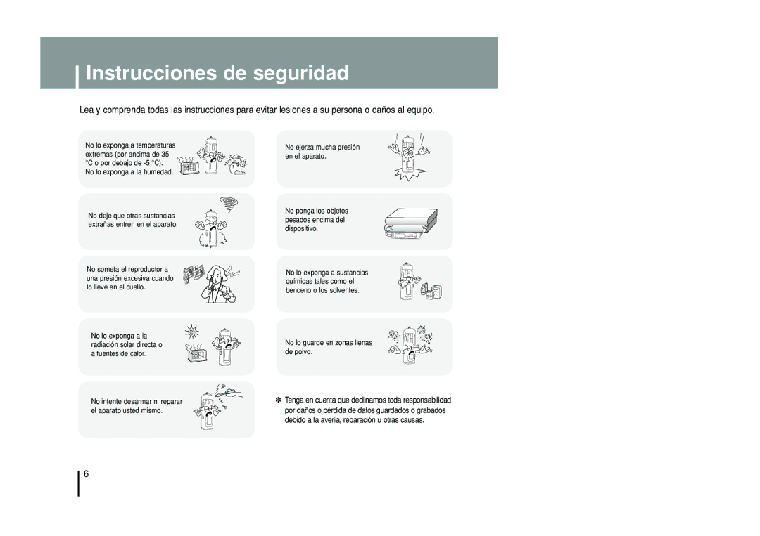 Samsung YP-T55XL/XET, YP-T55ZW/XET manual Instrucciones de seguridad, No ejerza mucha presión en el aparato 