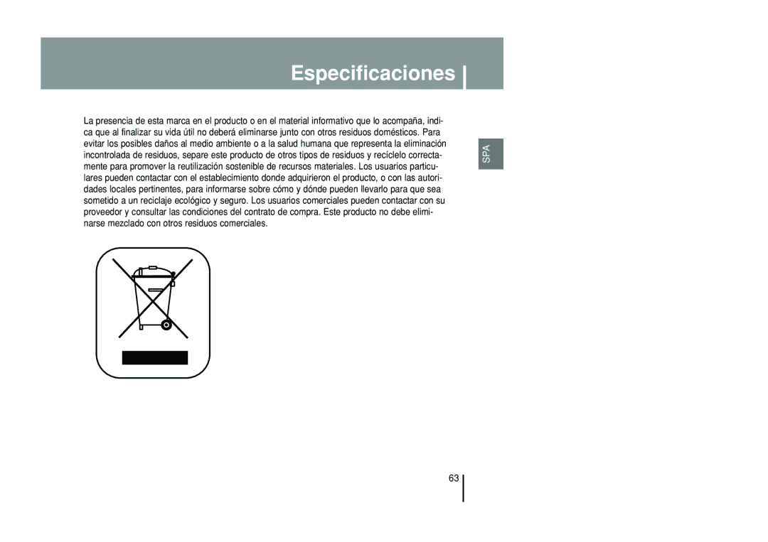 Samsung YP-T55ZW/XET, YP-T55XL/XET manual Especificaciones 