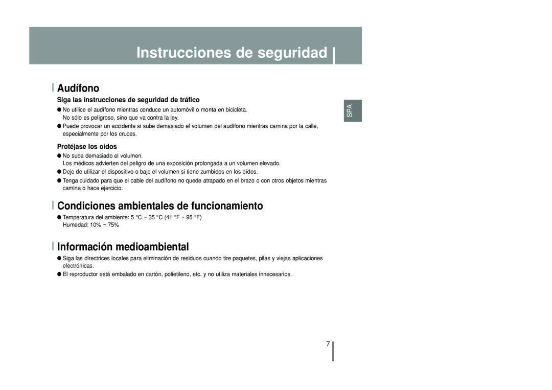 Samsung YP-T55ZW/XET, YP-T55XL/XET manual Audífono, Condiciones ambientales de funcionamiento, Información medioambiental 