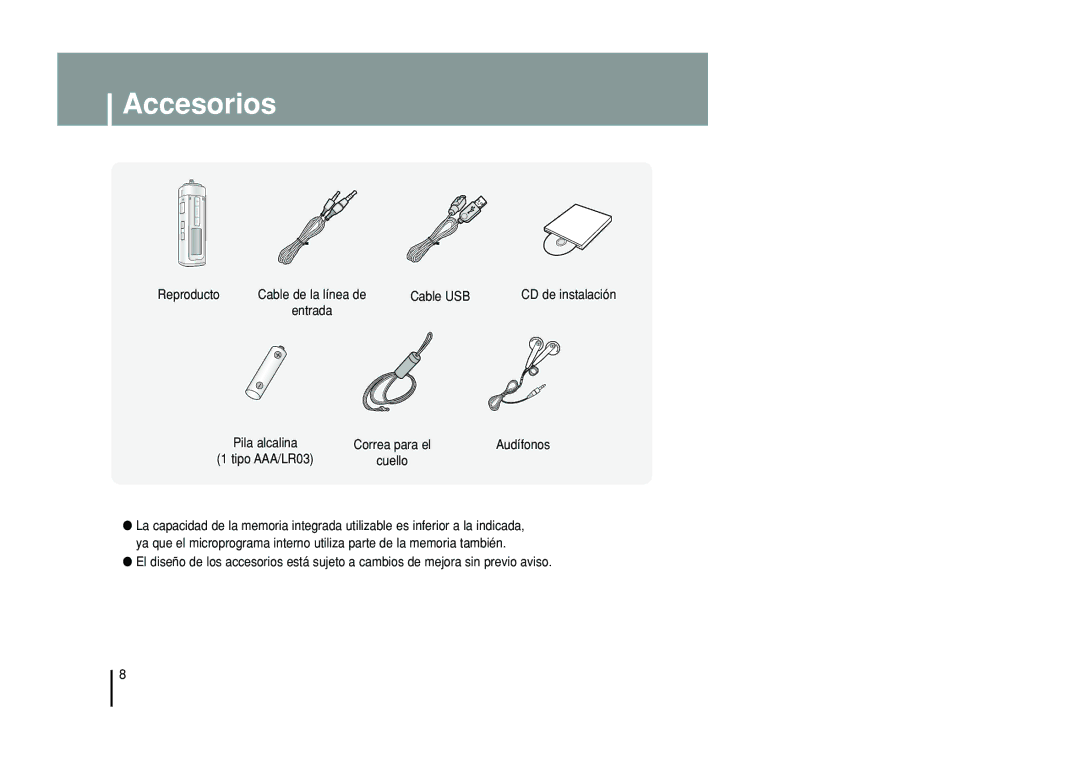 Samsung YP-T55XL/XET, YP-T55ZW/XET manual Accesorios 