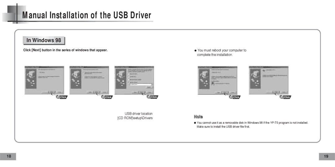 Samsung YP-T5V/XSV, YP-T5H/XSV manual Windows, Click Next button in the series of windows that appear 