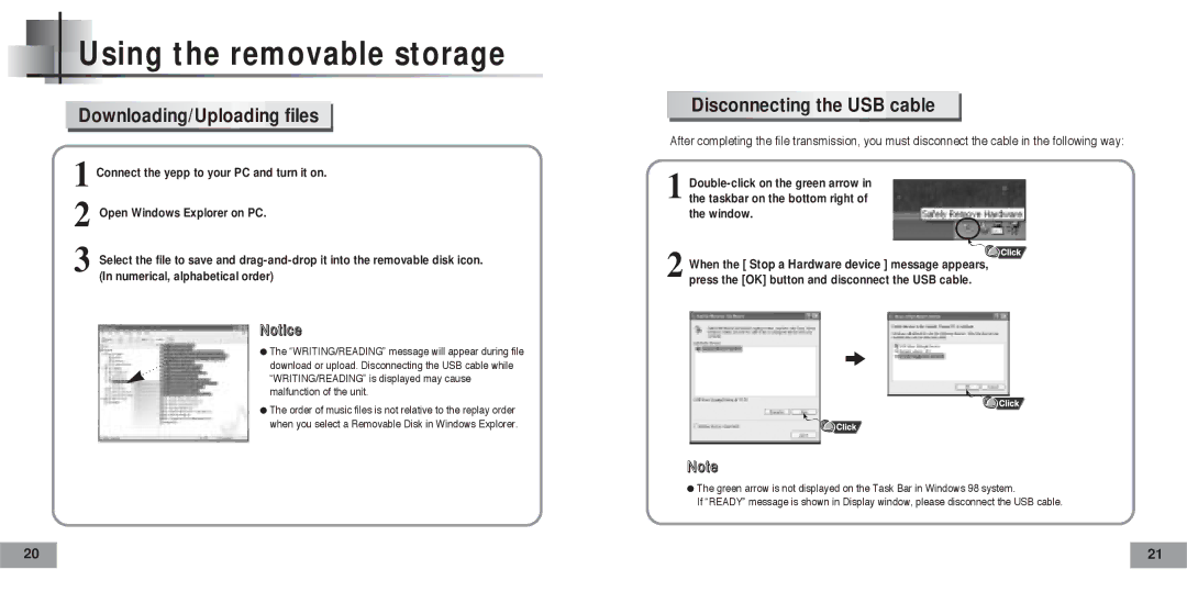 Samsung YP-T5H/XSV, YP-T5V/XSV manual Using the removable storage, Downloading/Uploading files, Disconnecting the USB cable 