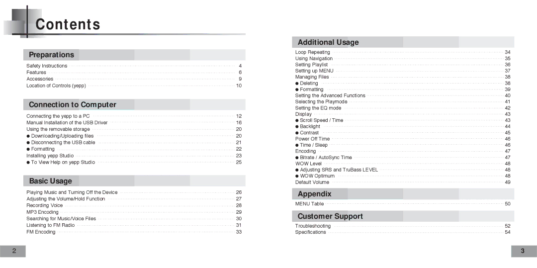 Samsung YP-T5V/XSV, YP-T5H/XSV manual Contents 