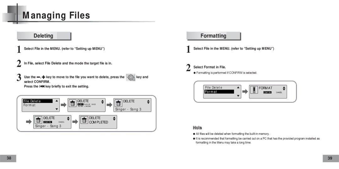 Samsung YP-T5V/XSV, YP-T5H/XSV manual Managing Files, Deleting, Select Confirm Press 