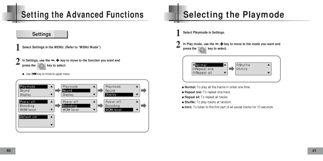 Samsung YP-T5H/XSV, YP-T5V/XSV Setting the Advanced Functions, Selecting the Playmode, Select Playmode in Settings 