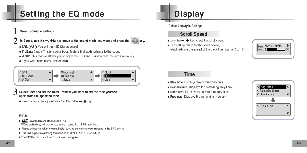 Samsung YP-T5V/XSV, YP-T5H/XSV manual Setting the EQ mode Display, Scroll Speed, Time 