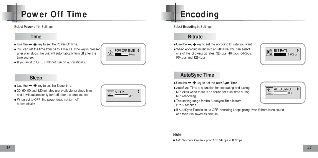 Samsung YP-T5V/XSV, YP-T5H/XSV manual Power Off Time, Encoding, Bitrate, Sleep, AutoSync Time 