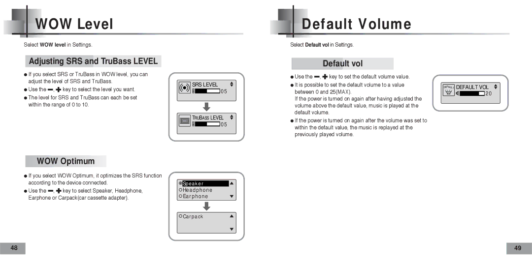 Samsung YP-T5H/XSV, YP-T5V/XSV manual WOW Level, Default Volume, Adjusting SRS and TruBass Level, WOW Optimum, Default vol 