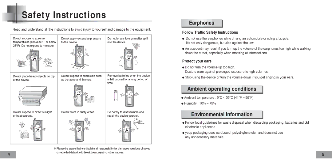 Samsung YP-T5H/XSV, YP-T5V/XSV Safety Instructions, Earphones, Ambient operating conditions, Environmental Information 