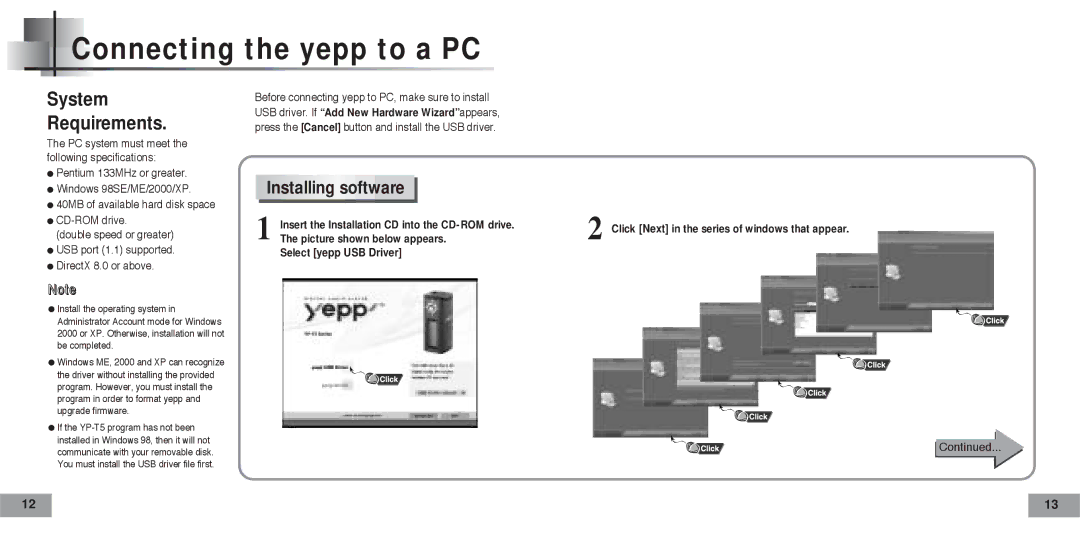 Samsung YP-T5H/XSV Connecting the yepp to a PC, Installing software, Insert the Installation CD into the CD-ROM drive 