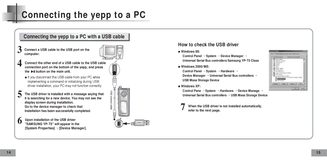 Samsung YP-T5V/XSV manual Connecting the yepp to a PC with a USB cable, Display screen during installation, Windows XP 