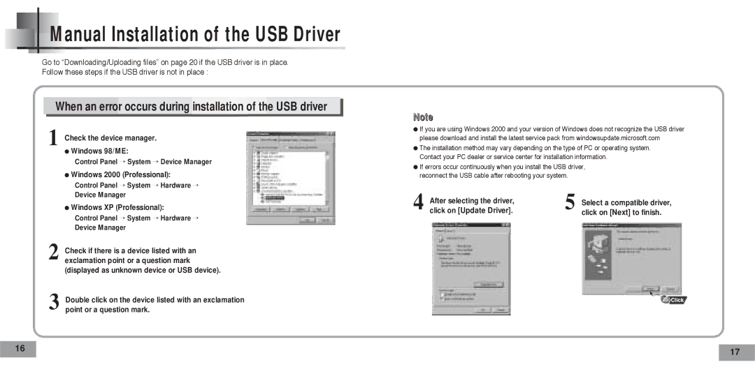 Samsung YP-T5H/XSV manual Manual Installation of the USB Driver, When an error occurs during installation of the USB driver 