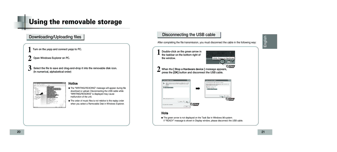 Samsung YP-T5V/XSV manual Using the removable storage, Downloading/Uploading files, Disconnecting the USB cable 