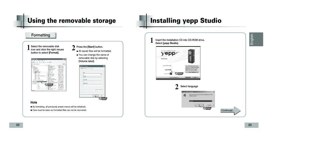 Samsung YP-T5V/XSV manual Using the removable storage Installing yepp Studio, Formatting 