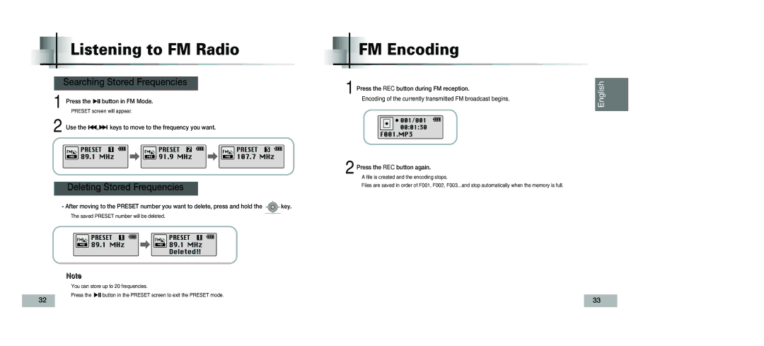 Samsung YP-T5V/XSV manual FM Encoding, Searching Stored Frequencies, Deleting Stored Frequencies 