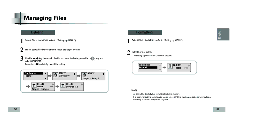 Samsung YP-T5V/XSV manual Managing Files, Deleting Formatting 