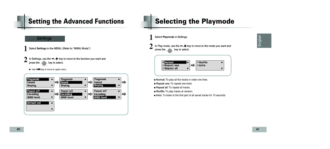 Samsung YP-T5V/XSV manual Setting the Advanced Functions, Selecting the Playmode, Settings 