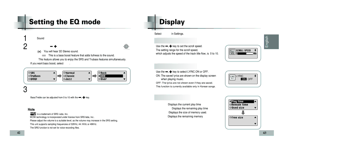 Samsung YP-T5V/XSV manual Setting the EQ mode, Display, Scroll Speed, Lyric On/Off, Time 