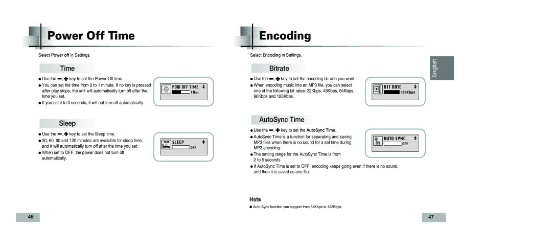 Samsung YP-T5V/XSV manual Power Off Time, Encoding, Sleep, Bitrate, AutoSync Time 