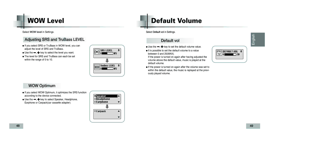 Samsung YP-T5V/XSV manual WOW Level, Default Volume, Adjusting SRS and TruBass Level, WOW Optimum, Default vol 