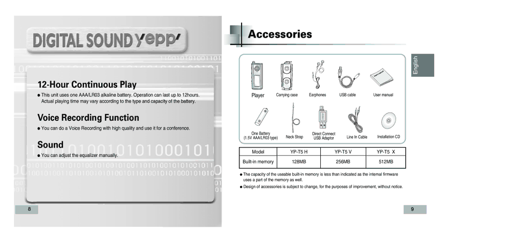 Samsung YP-T5V/XSV manual Accessories, Hour Continuous Play 