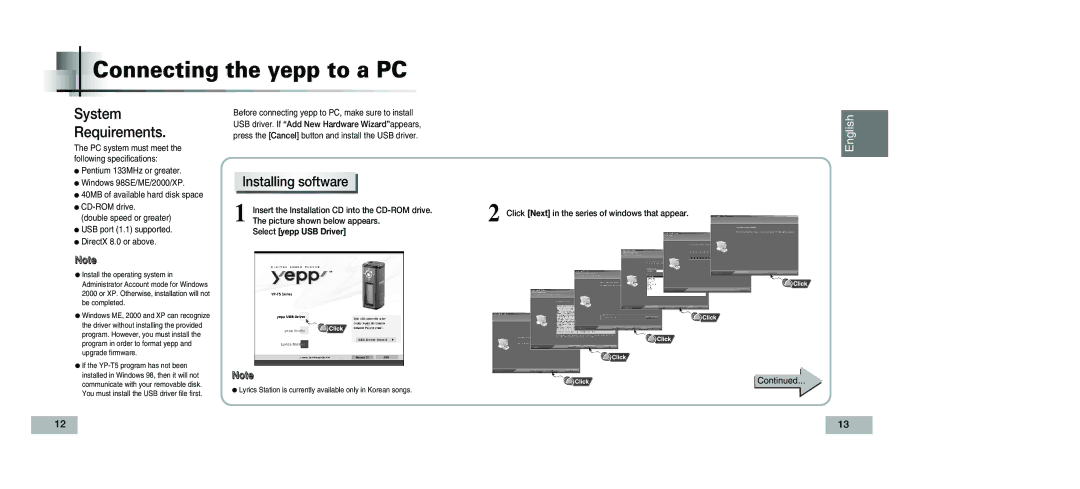 Samsung YP-T5V/XSV manual Connecting the yepp to a PC, Installing software 