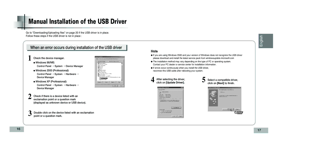 Samsung YP-T5V/XSV manual When an error occurs during installation of the USB driver, Manual Installation of the USB Driver 