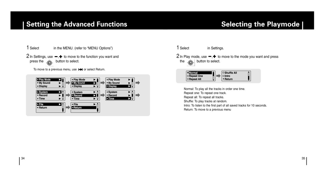 Samsung YP-T6 manual Setting the Advanced Functions Selecting the Playmode 