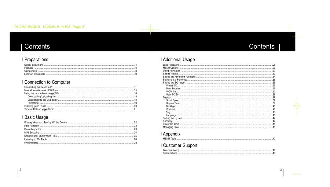 Samsung YP-T6 manual Contents 