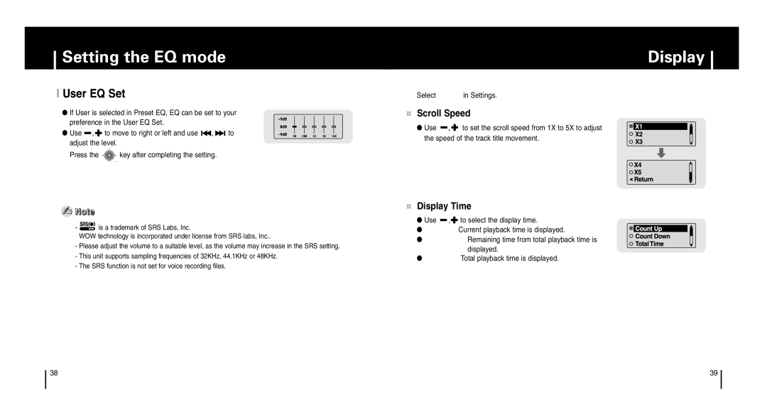 Samsung YP-T6 manual User EQ Set, ¤ Scroll Speed, ¤ Display Time 