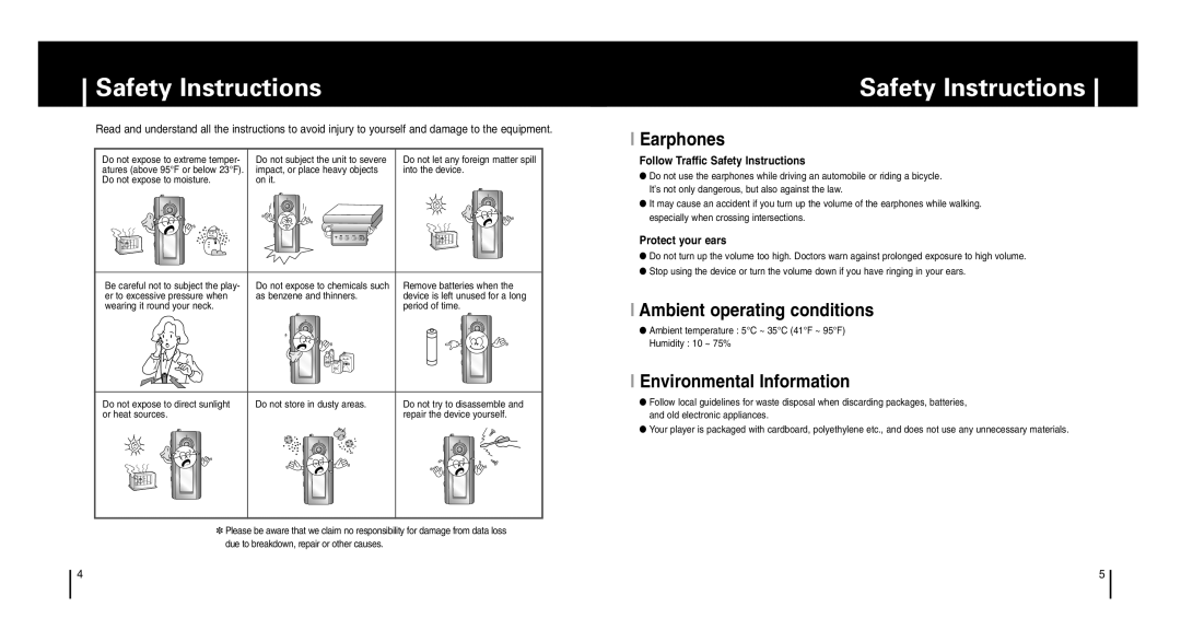 Samsung YP-T6 manual Safety Instructions, Earphones, Ambient operating conditions, Environmental Information 