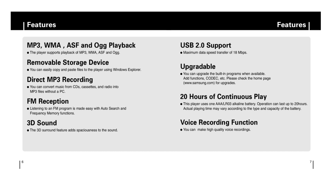 Samsung YP-T6 manual Features, Player supports playback of MP3, WMA, ASF and Ogg, Maximum data speed transfer of 18 Mbps 