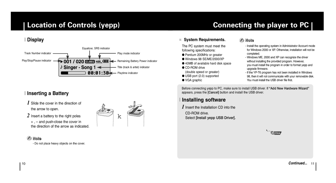 Samsung YP-T6 Location of Controls yepp Connecting the player to PC, Display, Inserting a Battery, Installing software 